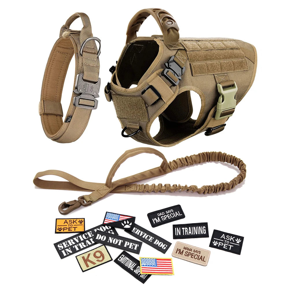 Dog Harness Leash Collar Patches Set for Medium Large Dogs Adjustable Tactical Pet Vest for Training and Walking
