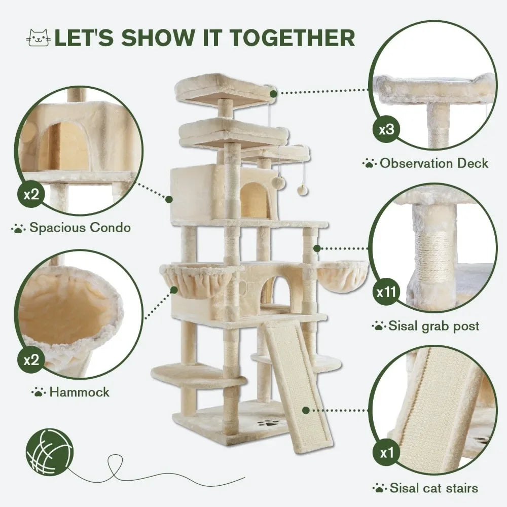 68 Inches Multi Level Large Cat Tree Tower with Condo Plush Perches and Sisal Scratching Posts