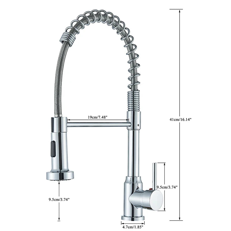 Chrome Spring Pull Down Kitchen Faucet with Stream Spray Head Hot and Cold Water Tap Stainless Steel Rotation Kitchen Mixer Crane