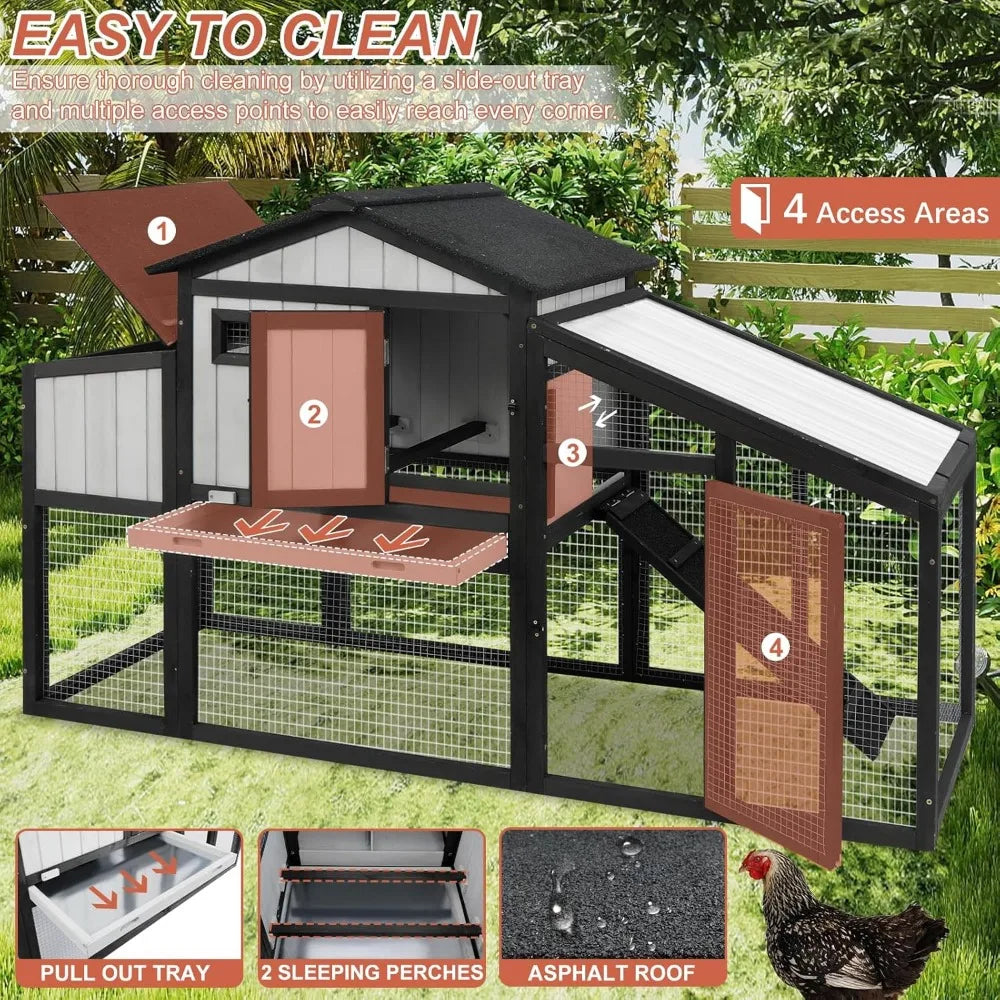 65.3 Inch Chicken Coop and Run Wooden Hen House for One to Two Chickens with Nesting Box Tray and Perches Indoor Outdoor Pet Hutch