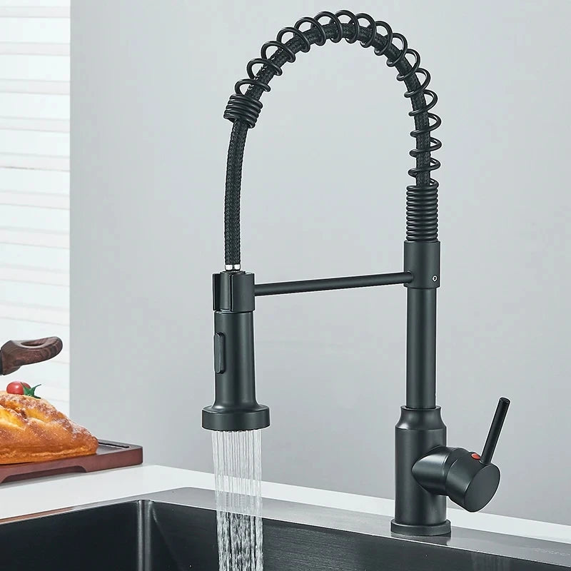 Chrome Spring Pull Down Kitchen Faucet with Stream Spray Head Hot and Cold Water Tap Stainless Steel Rotation Kitchen Mixer Crane