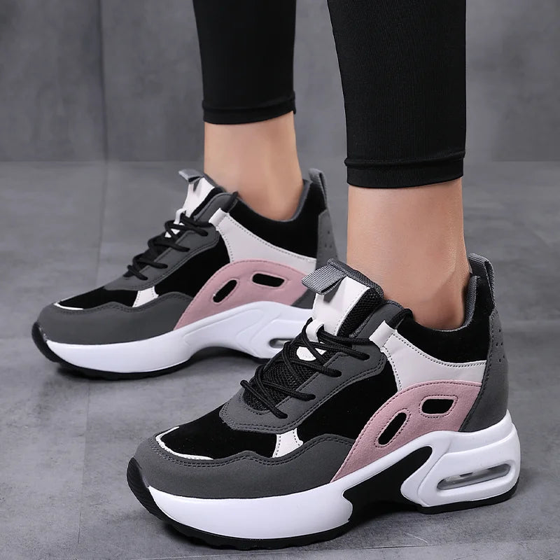 Women Air Cushion Sneakers Mix Color Height Increase Elevator Shoes Outdoor Wedge Platform High Heels Lace-up Walking Shoes