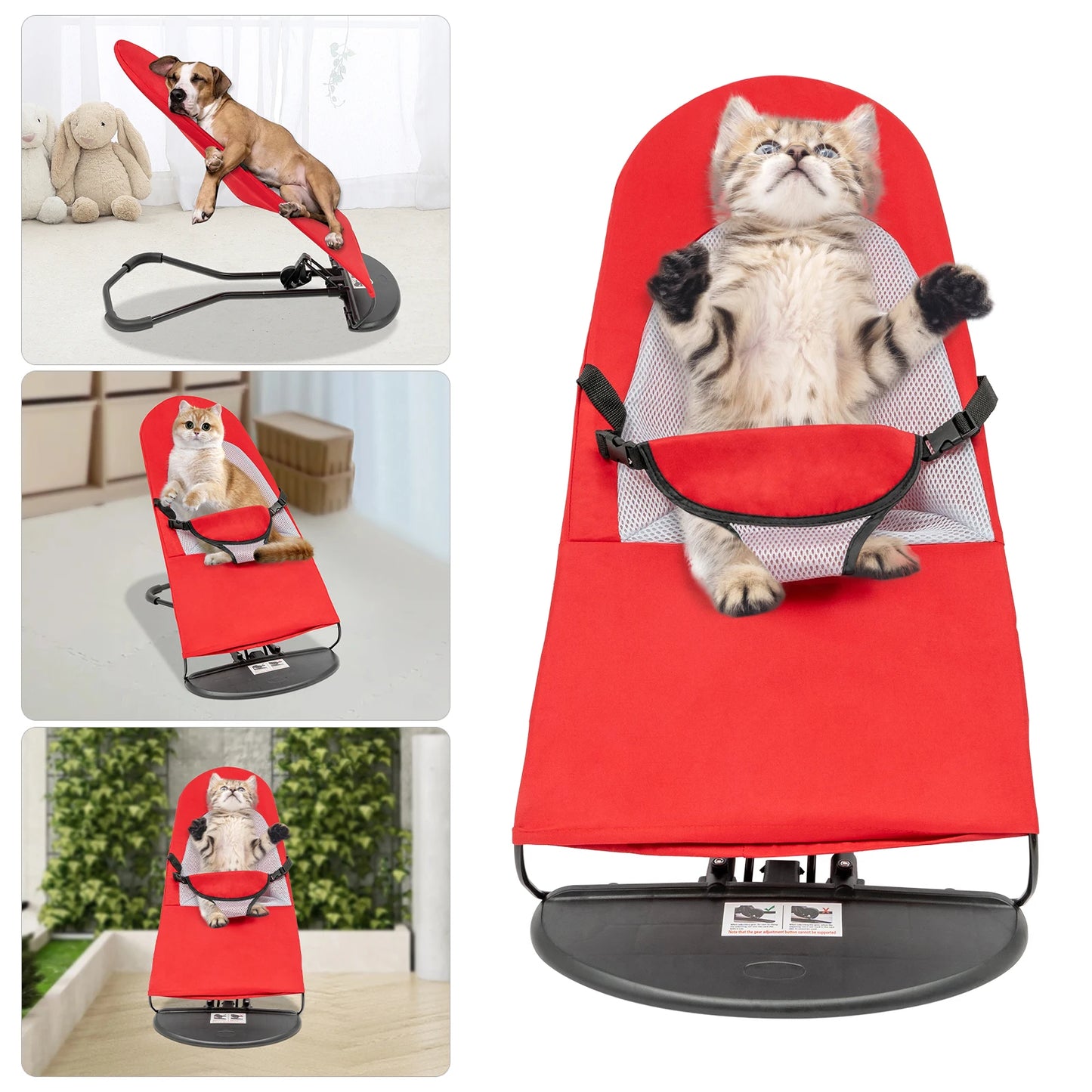 Portable Pet Rocking Chair, 3-Level Adjustable Height Pet Rocker Bed Foldable Racking Chair for Small Pets within 15 kg, Red