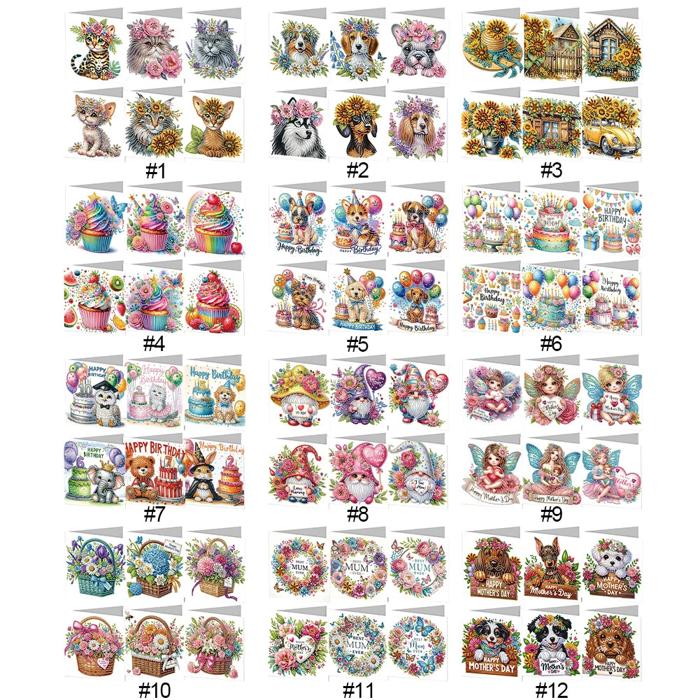 6 Pieces 5D Rhinestone Embroidery Arts Cards Kits Diamond Painting Greeting Thank You Cards for Birthday and Thanksgiving