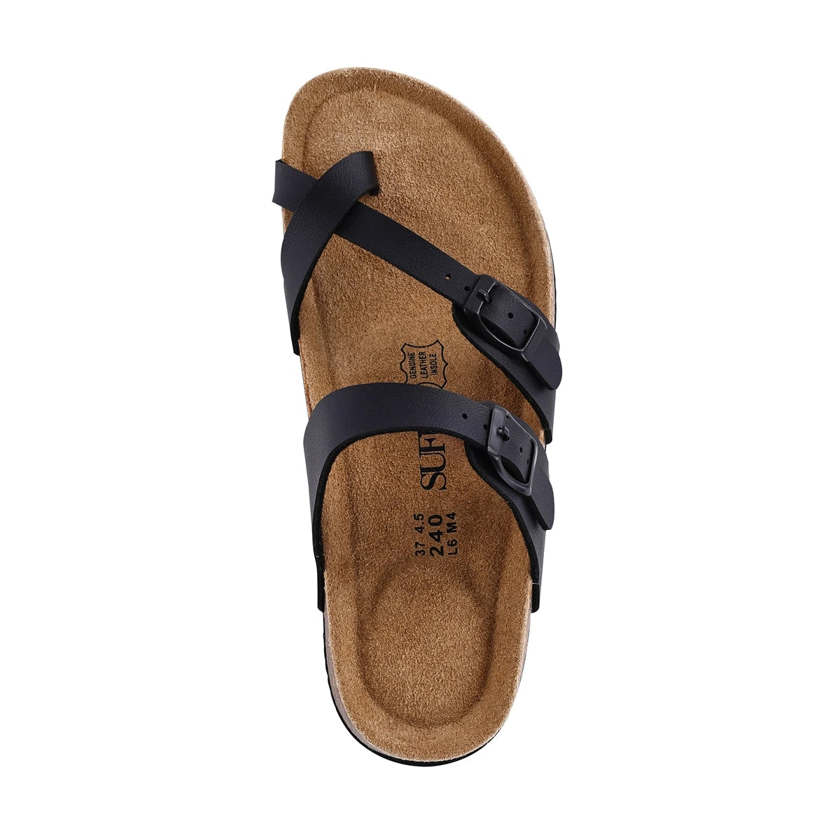 SUFU Summer Cork Sandals Women's Leather Clogs Slippers Black with Classic Buckle Slides Casual Footwear