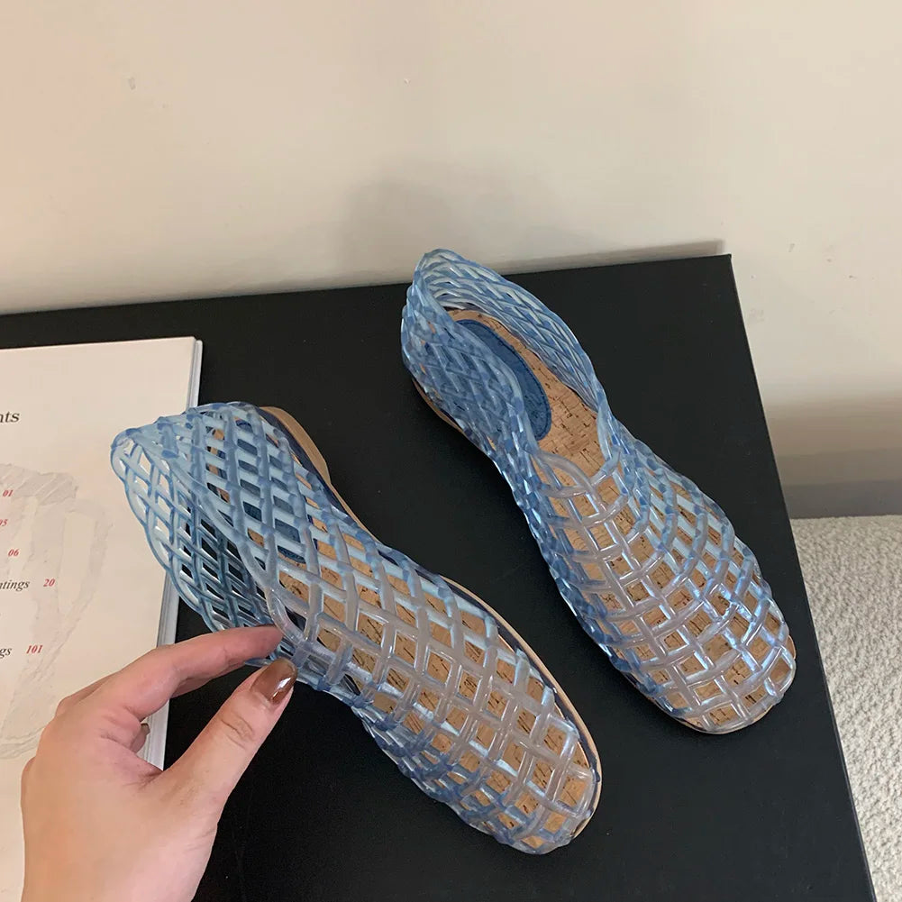 Women Jelly Flats Fashion Slip On Square Toe Hollow Out Ballet Flats Lightweight Beach Shoes for Outdoor Travel