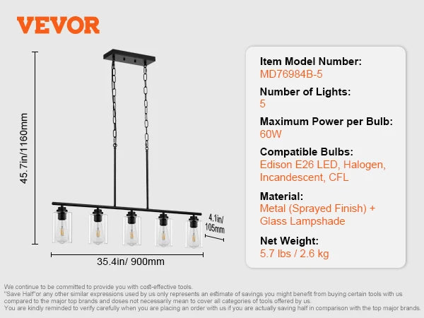 VEVOR 5 Light Kitchen Island Pendant Lights 60W Clear Glass Lampshade 4 Rods 2 Metal Chains Farmhouse Linear Chandeliers