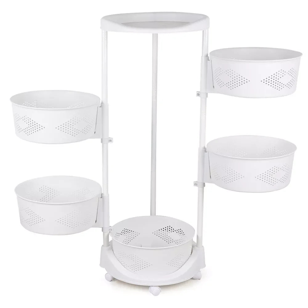 5 Layer Kitchen Rotating Organizer Rack Fruit Vegetable Storage Basket with Wheels 50kg Load for Kitchen Bathroom Living Room