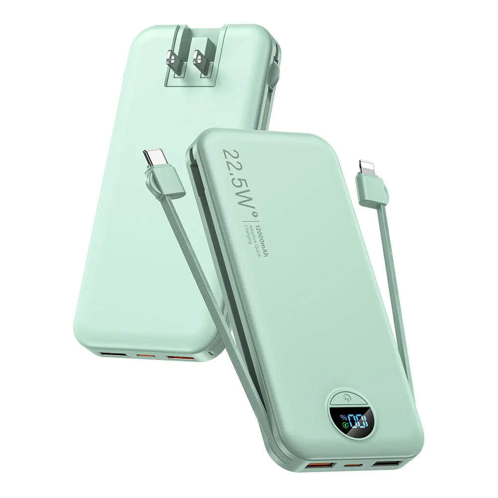 Ultra Thin 12000mAh USB C Power Bank Built In Cables