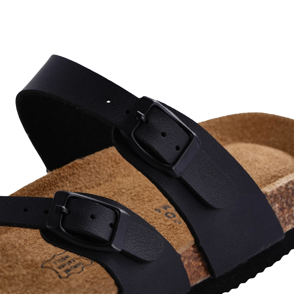 SUFU Summer Cork Sandals Women's Leather Clogs Slippers Black with Classic Buckle Slides Casual Footwear