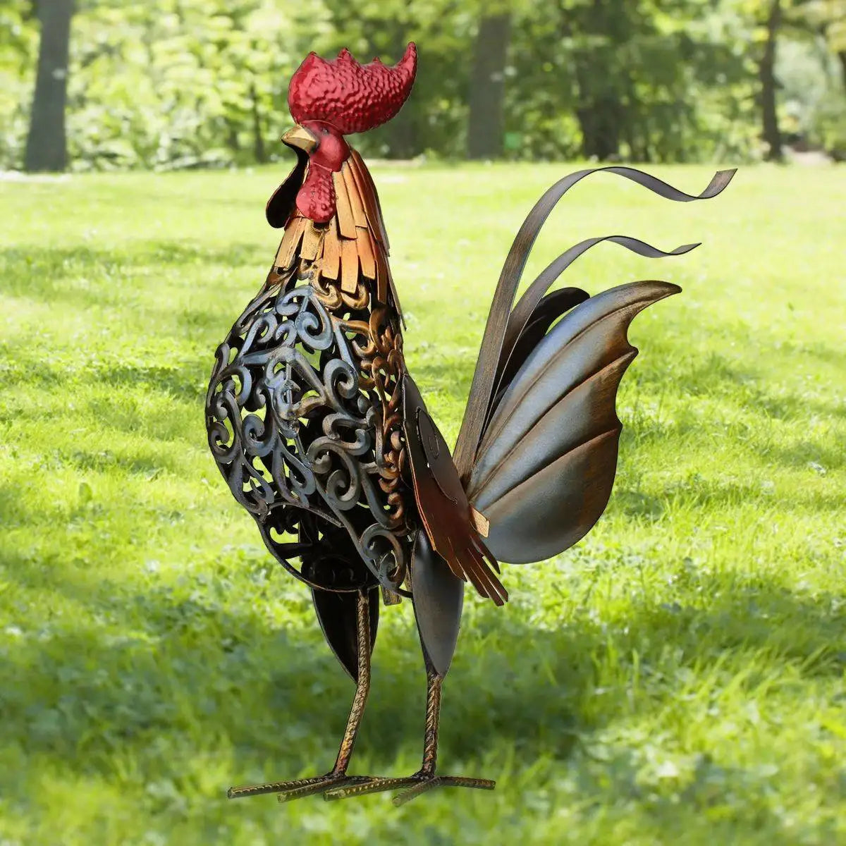 TOOARTS Metal Sculpture Carved Iron Rooster Artwork Decor