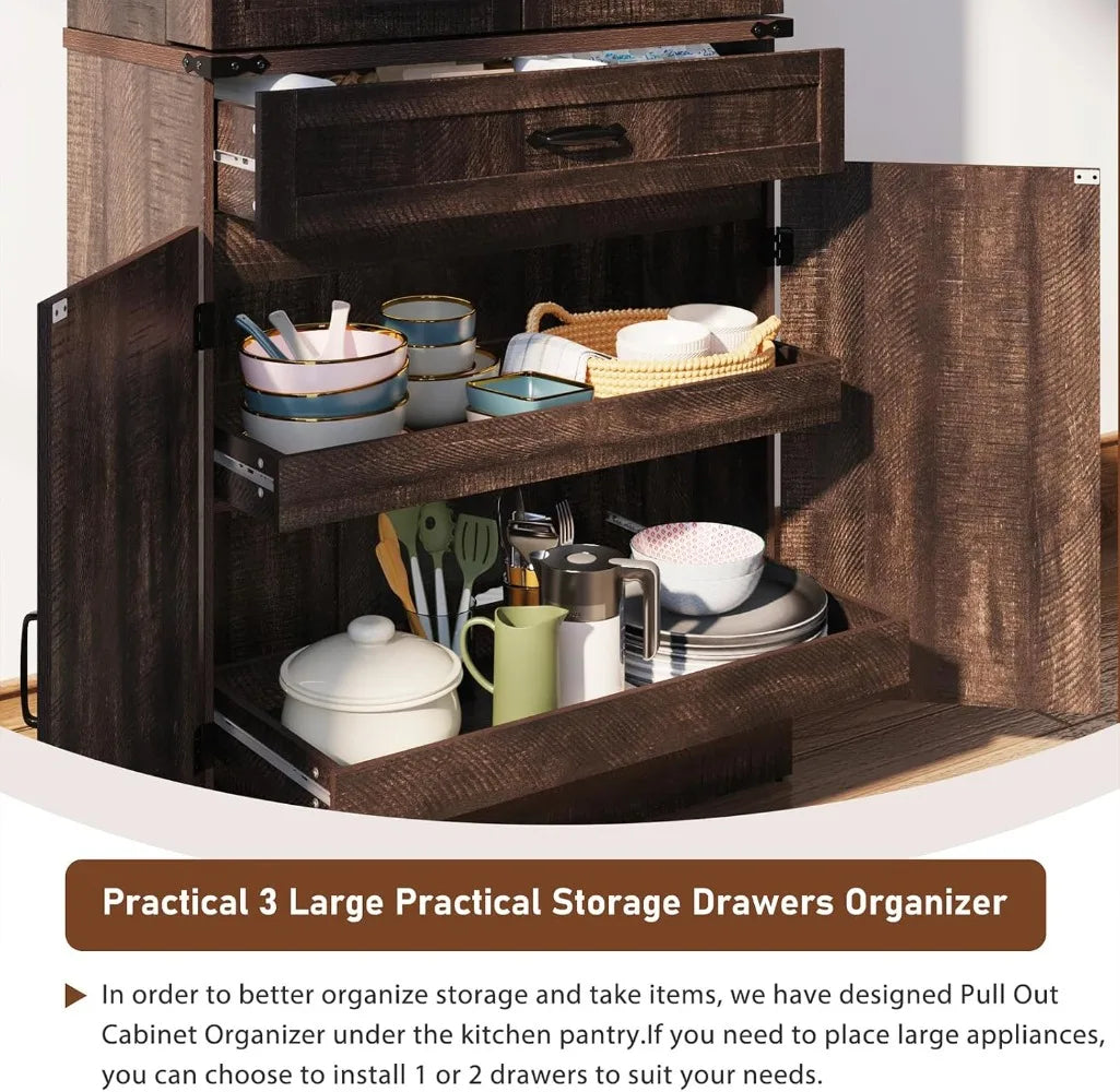Farmhouse Kitchen Pantry Cabinet with Drawers and Barn Door Shelves