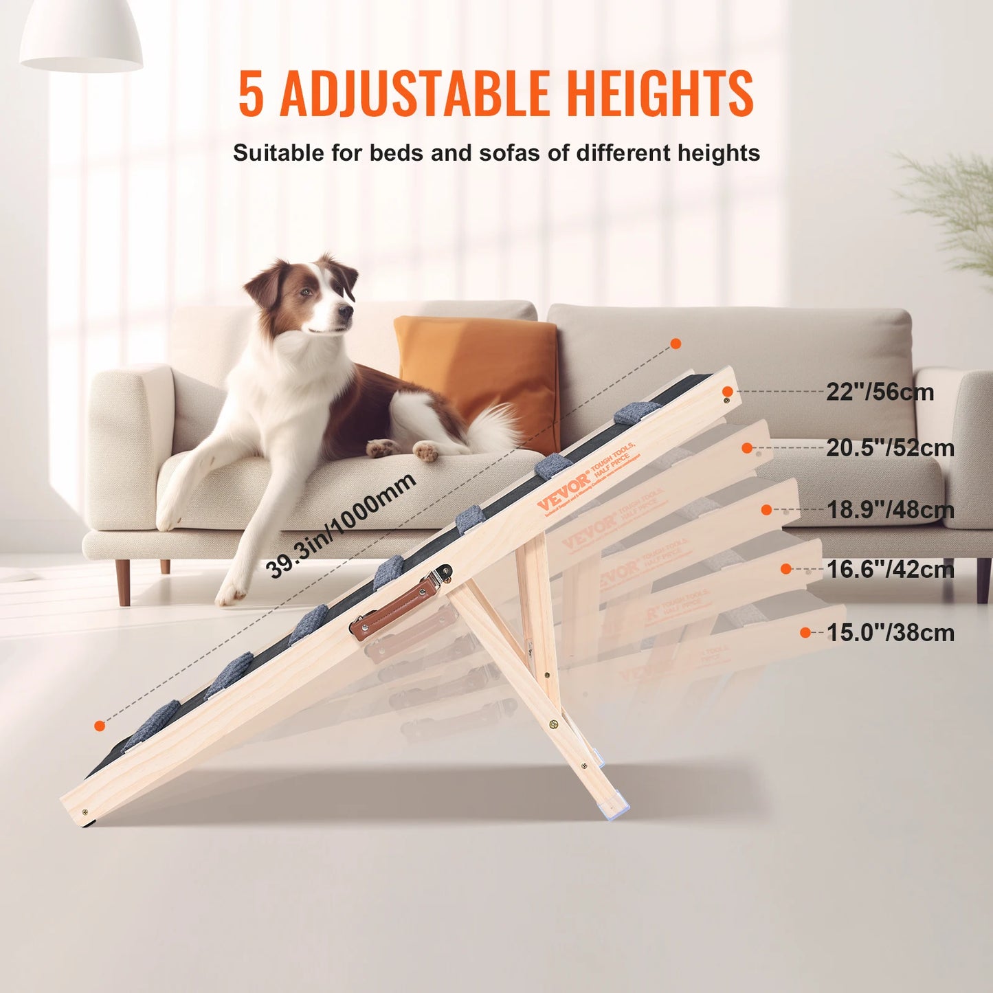 SucceBuy Dog Ramp Folding Ladder Anti Slip High Adjustable Wooden Pet Ramp Removable for Small and Old Dogs Climbing Stairs Sofa and Car