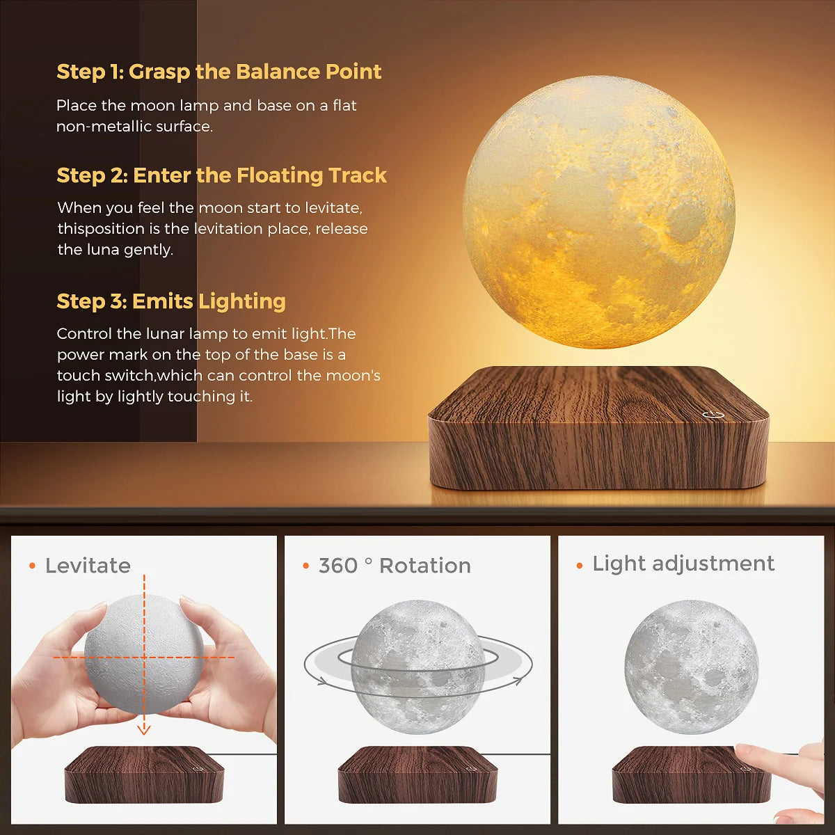 Magnetic Floating Rotating Moon Lamp with Wooden Base 3 Color Temperature LED Night Light Unique 3D Print Gift for Room