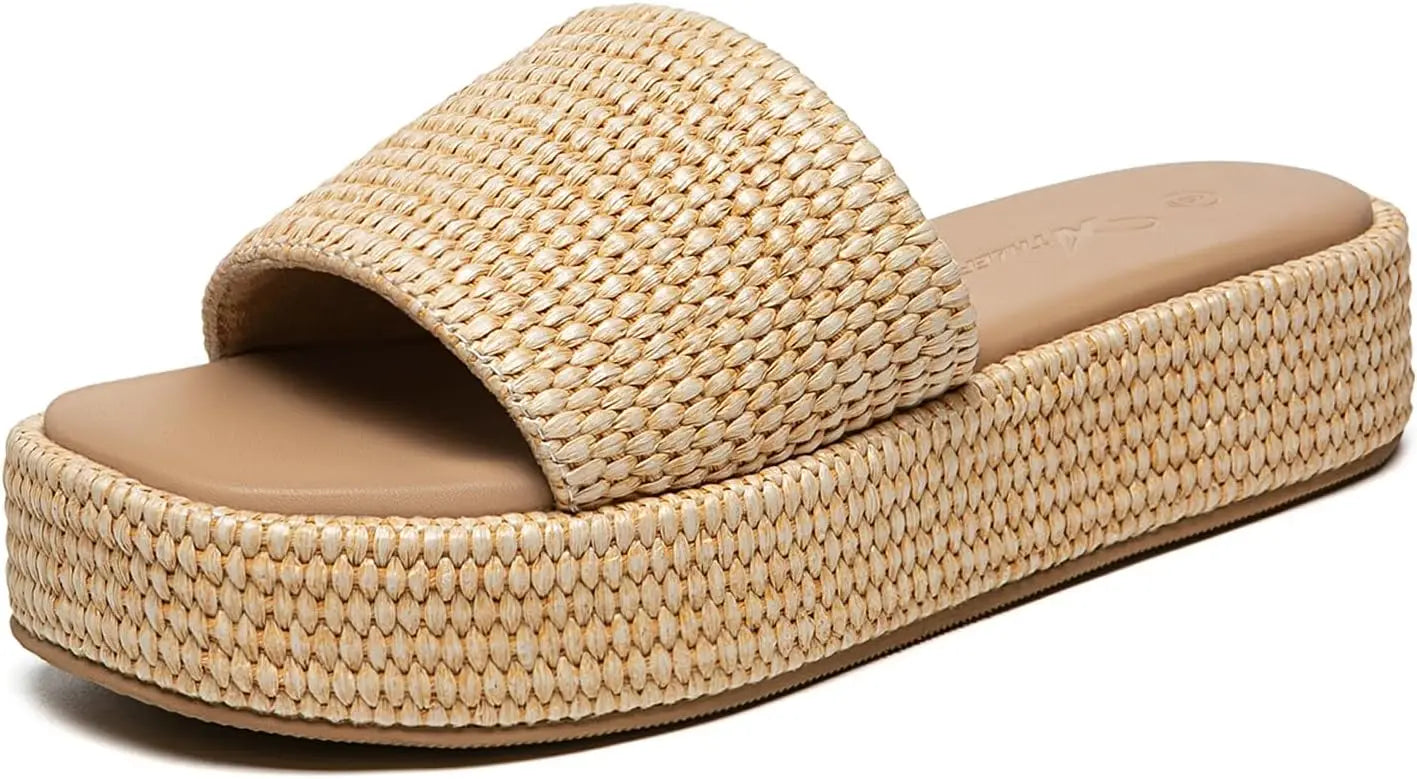 Athlefit Women's Platform Raffia Sandals Comfortable Open Toe