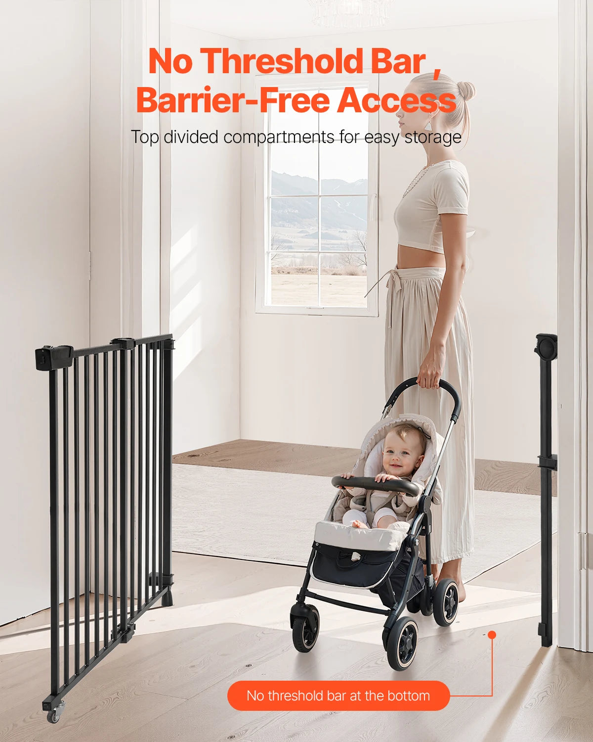 Vevor Adjustable Baby Gate 29.5 to 43 Inches Wide 28 Inches High Dog Gate No Threshold Bar Easy Step Walk For Child And Pet Security