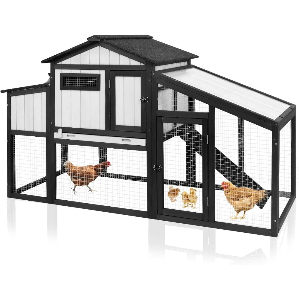 65.3 Inch Chicken Coop and Run Wooden Hen House for One to Two Chickens with Nesting Box Tray and Perches Indoor Outdoor Pet Hutch