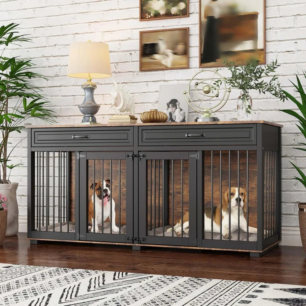 Furniture Style Dog Crate 64.6 Inch Wooden Large Dog Kennel with Drawers and Divider Indoor Dog House Furniture with Double Room
