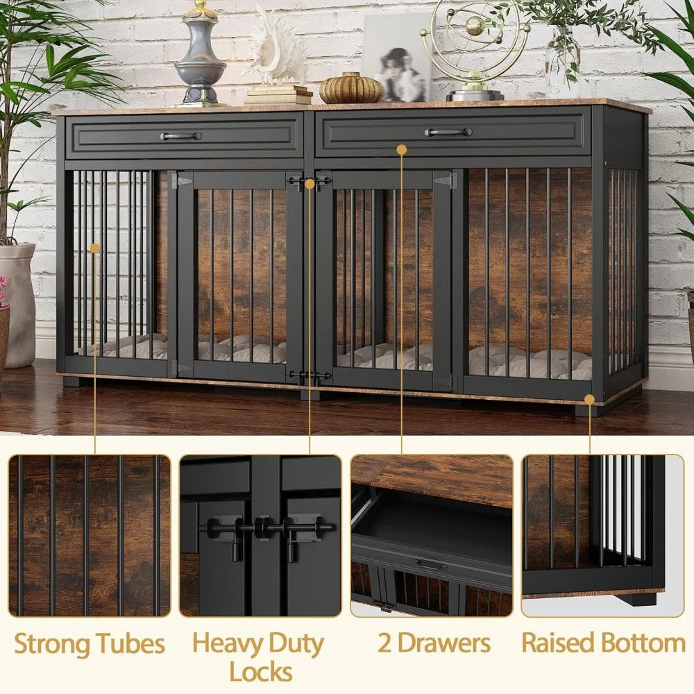 Furniture Style Dog Crate 64.6 Inch Wooden Large Dog Kennel with Drawers and Divider Indoor Dog House Furniture with Double Room
