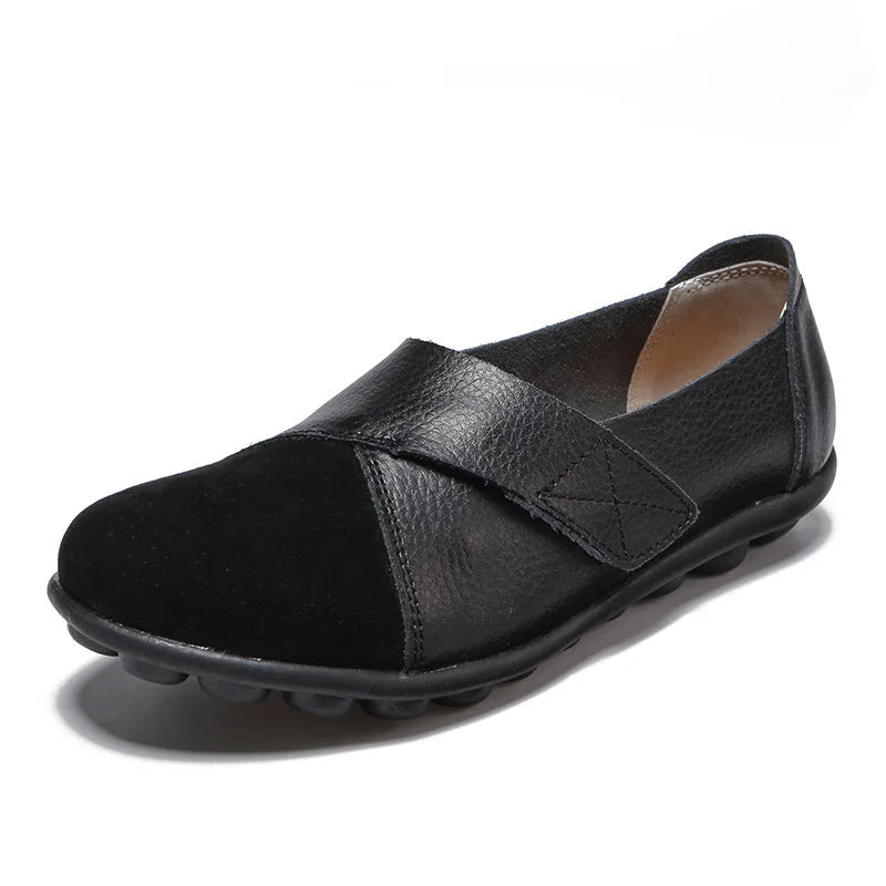 Woizgic Women's Genuine Leather Soft Flats Loafers Moccasin Boat Shoes with Hook and Loop Closure Big Size 42 43 44