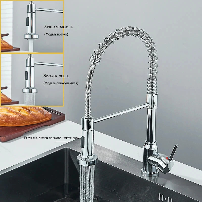 Chrome Spring Pull Down Kitchen Faucet with Stream Spray Head Hot and Cold Water Tap Stainless Steel Rotation Kitchen Mixer Crane