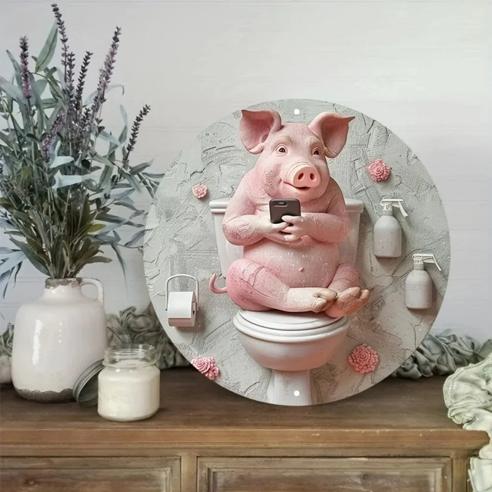 Swine and Vine Oinkment Distressed Aluminum Pig Art Round Garland Design with Tulip Embossed Snout Whimsical Bathroom Decor