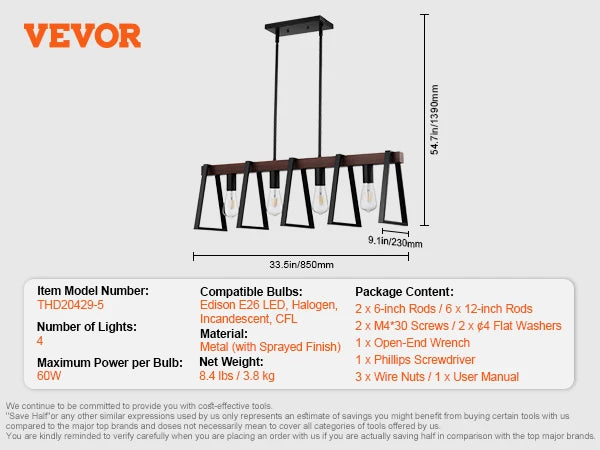 VEVOR 4 Light Kitchen Island Pendant Lights 60W with 2x6 Inch and 6x12 Inch Rods Industrial Metal Frame Farmhouse Linear Chandeliers