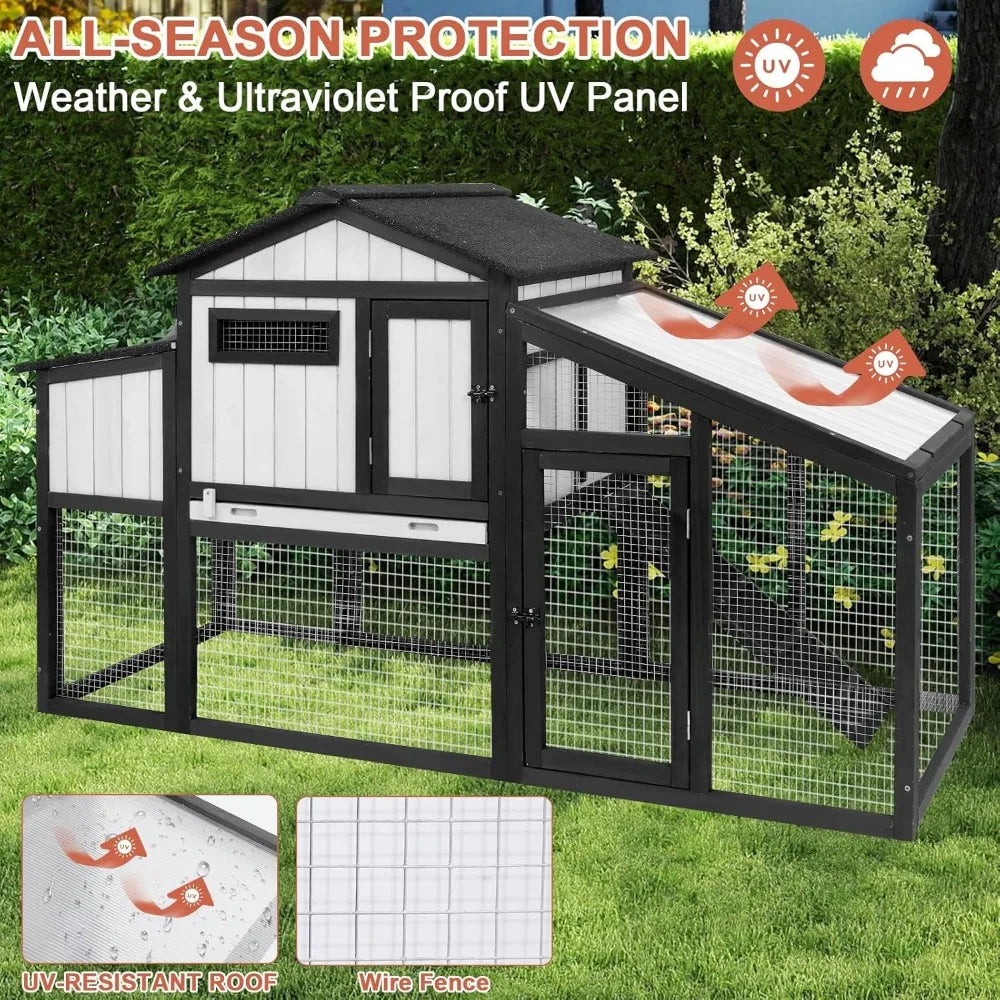 65.3 Inch Chicken Coop and Run Wooden Hen House for One to Two Chickens with Nesting Box Tray and Perches Indoor Outdoor Pet Hutch