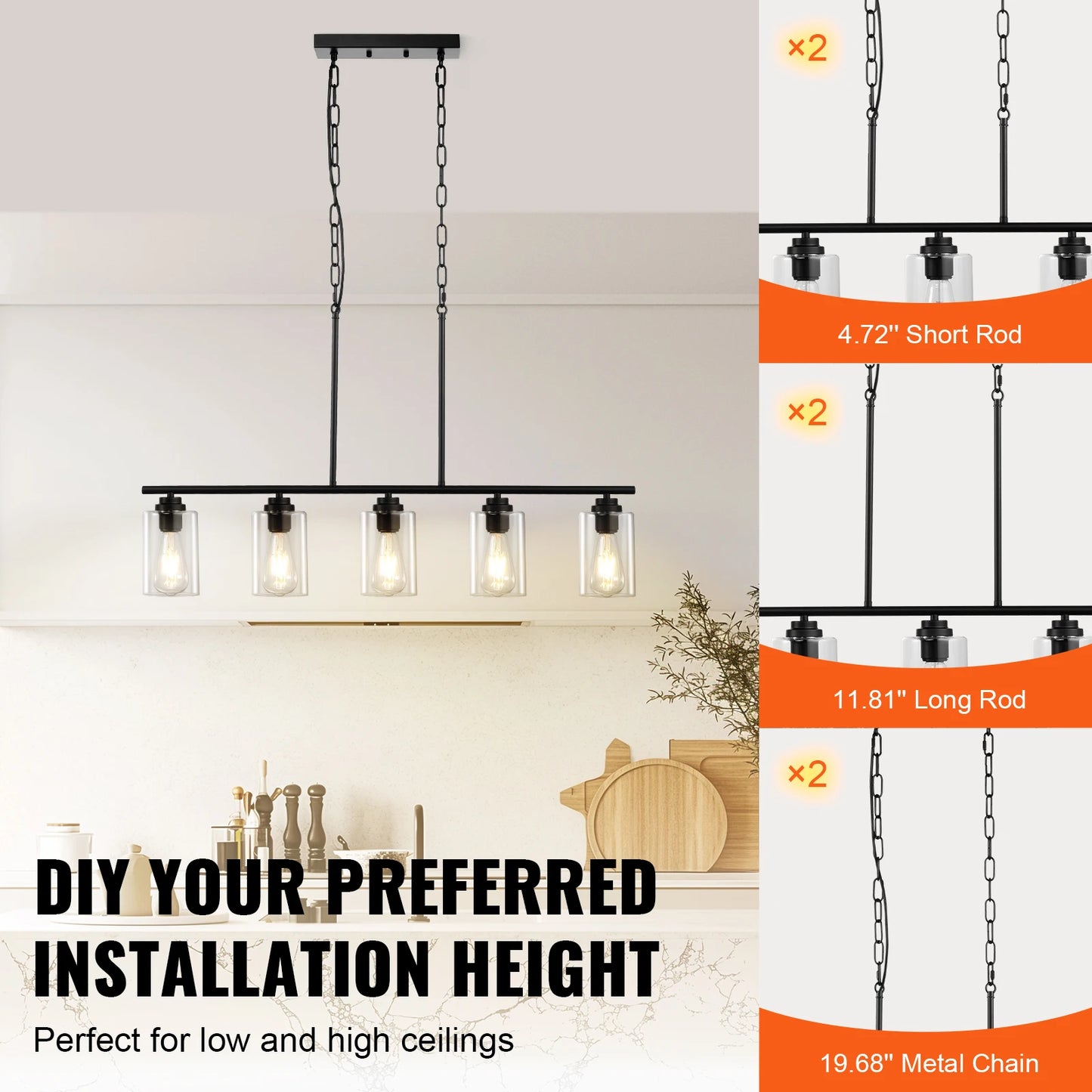 VEVOR 5 Light Kitchen Island Pendant Lights 60W Clear Glass Lampshade 4 Rods 2 Metal Chains Farmhouse Linear Chandeliers