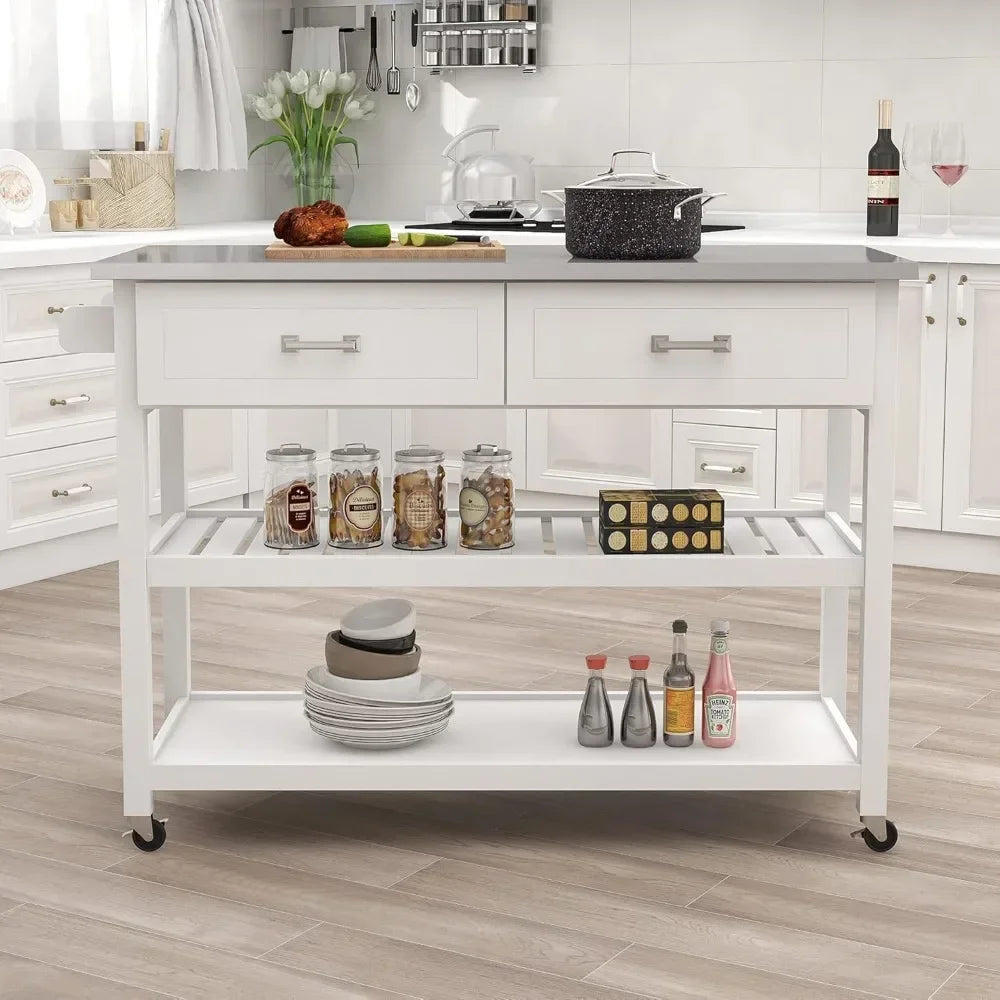 ANGDUO Kitchen Island Cart with Stainless Steel Top and Drawers