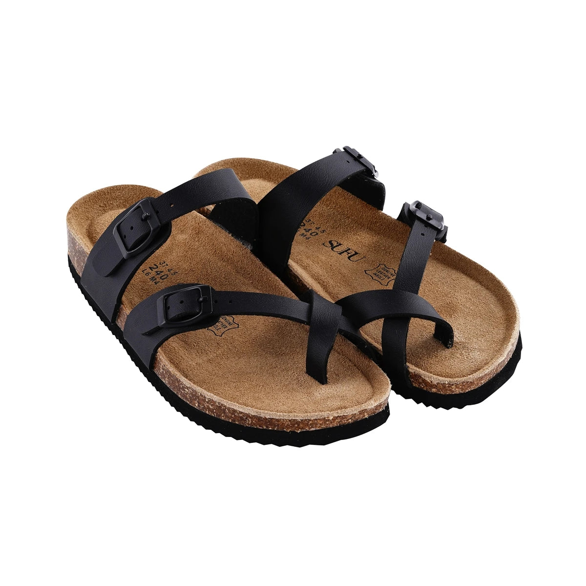 SUFU Summer Cork Sandals Women's Leather Clogs Slippers Black with Classic Buckle Slides Casual Footwear