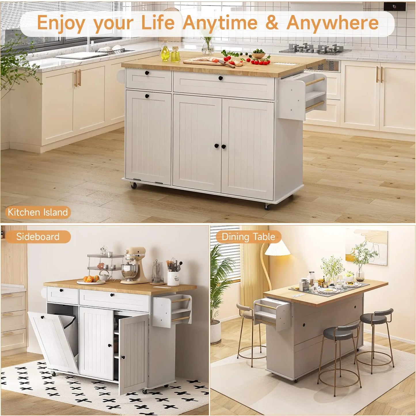ONBRILL Mobile Kitchen Island with Power Outlet and Towel Rack