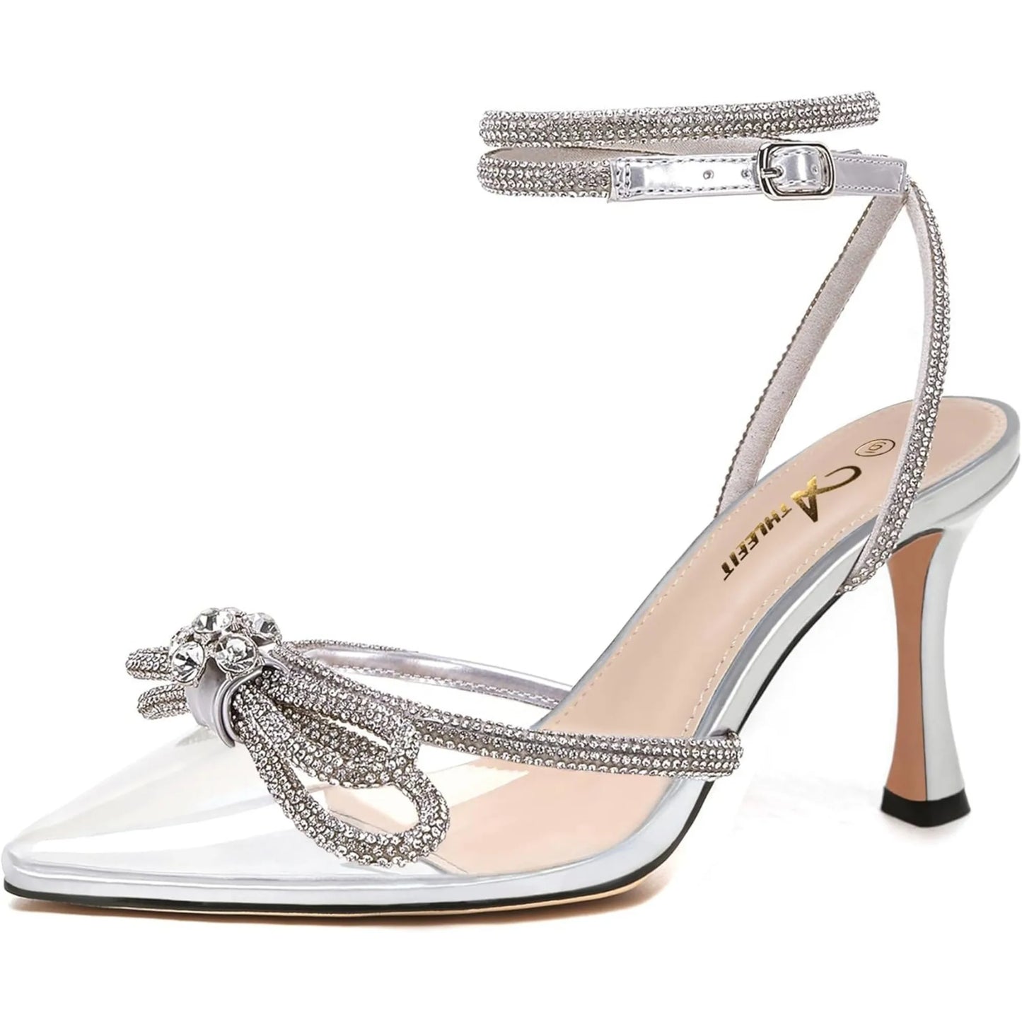 Women's Rhinestone Bow Heels Ankle Strap Pointed Toe Stiletto Heeled Sandals Wedding Bridal Dress Pumps