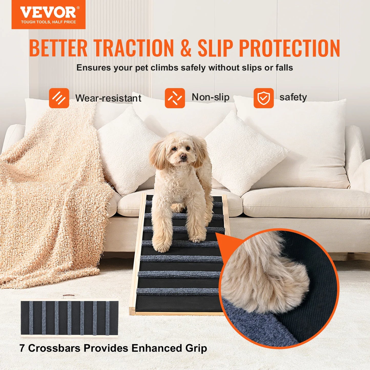 SucceBuy Dog Ramp Folding Ladder Anti Slip High Adjustable Wooden Pet Ramp Removable for Small and Old Dogs Climbing Stairs Sofa and Car