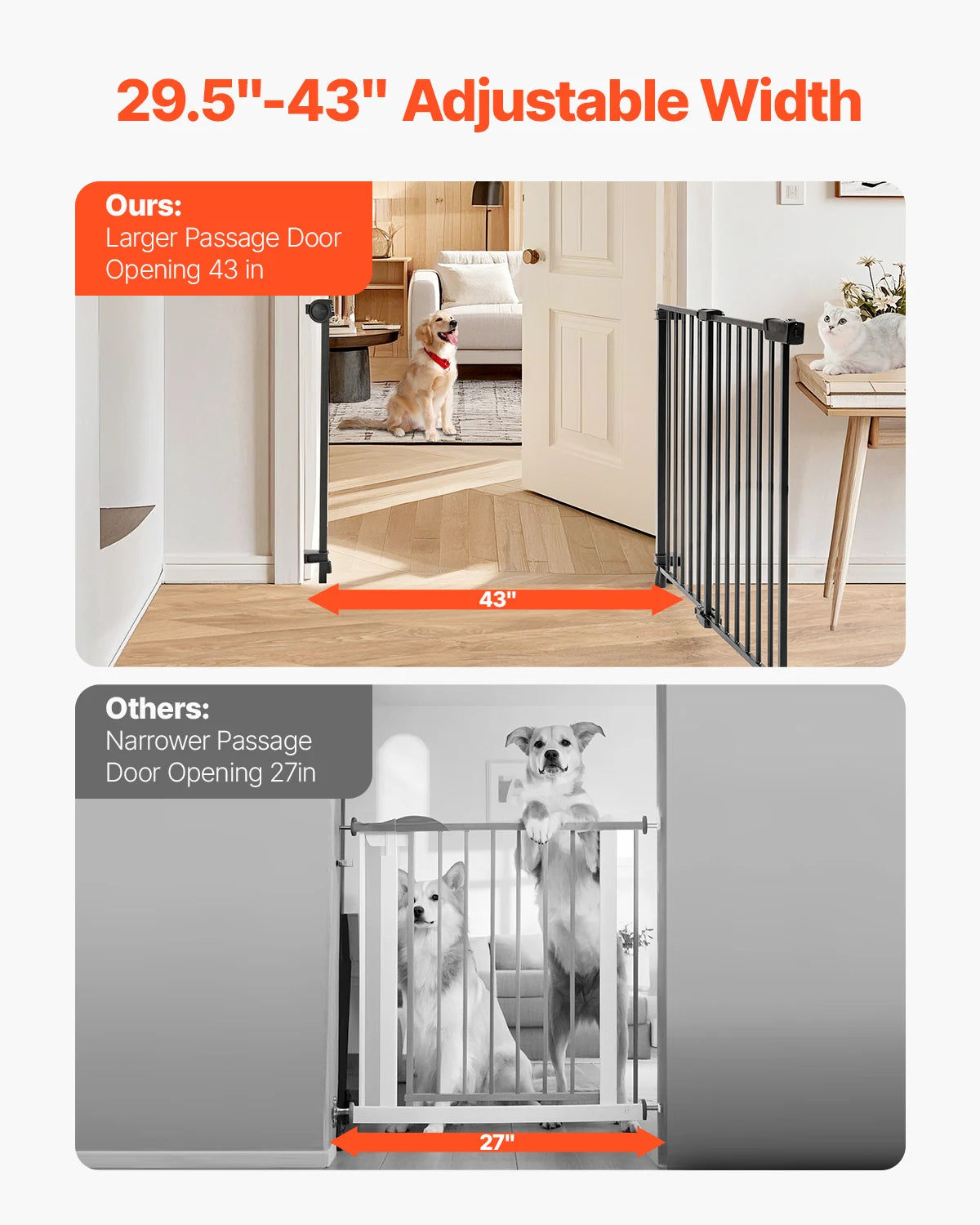Vevor Adjustable Baby Gate 29.5 to 43 Inches Wide 28 Inches High Dog Gate No Threshold Bar Easy Step Walk For Child And Pet Security
