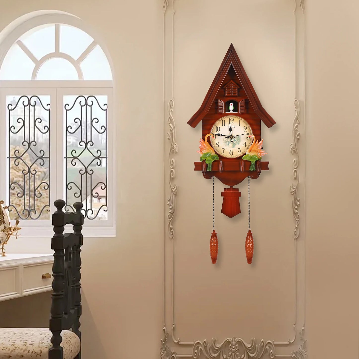 Creative Wall Clock for Living Room Decor Indoor Plastic Reddish-brown