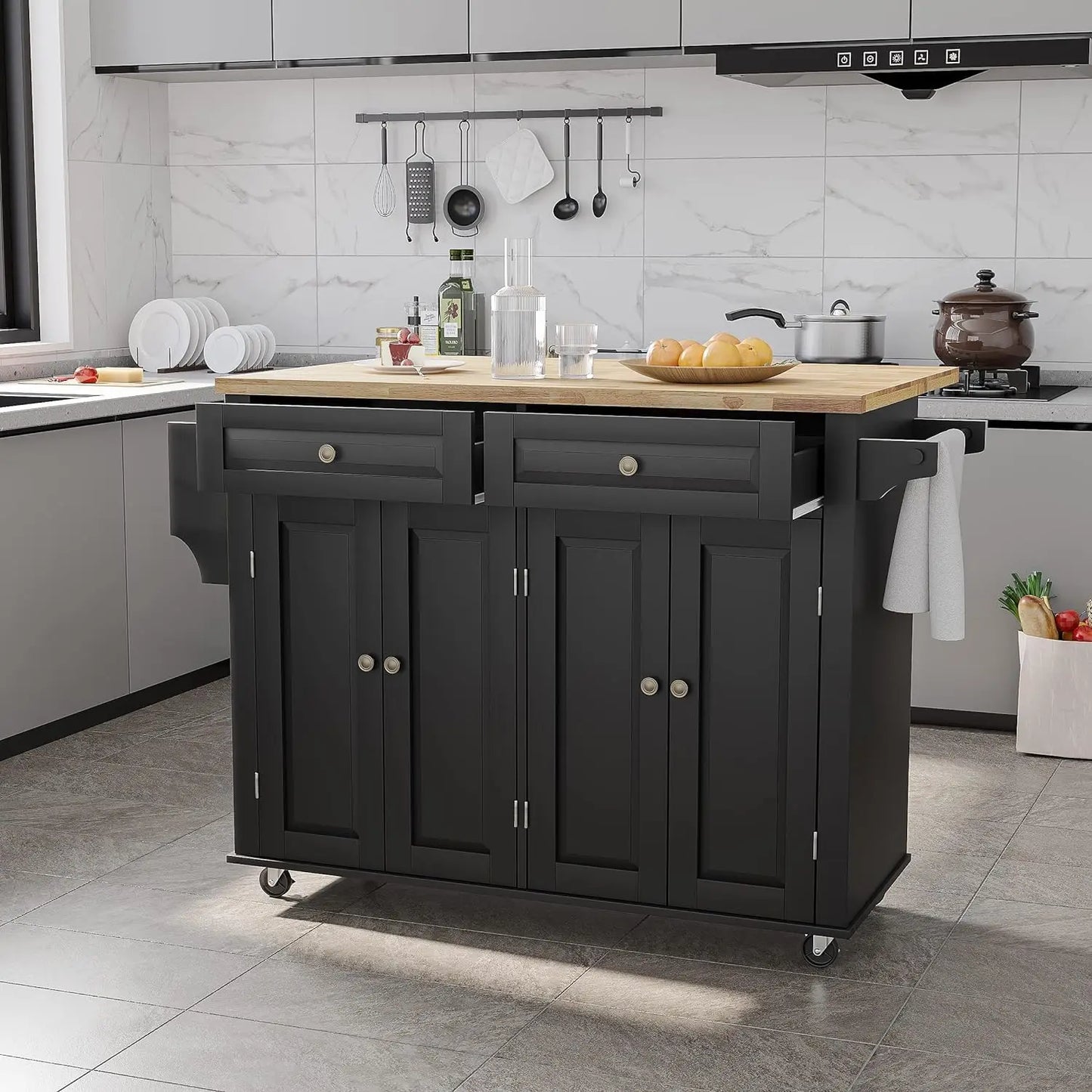 RBX Kitchen Cart with Wood Top and Drop Leaf Breakfast Bar