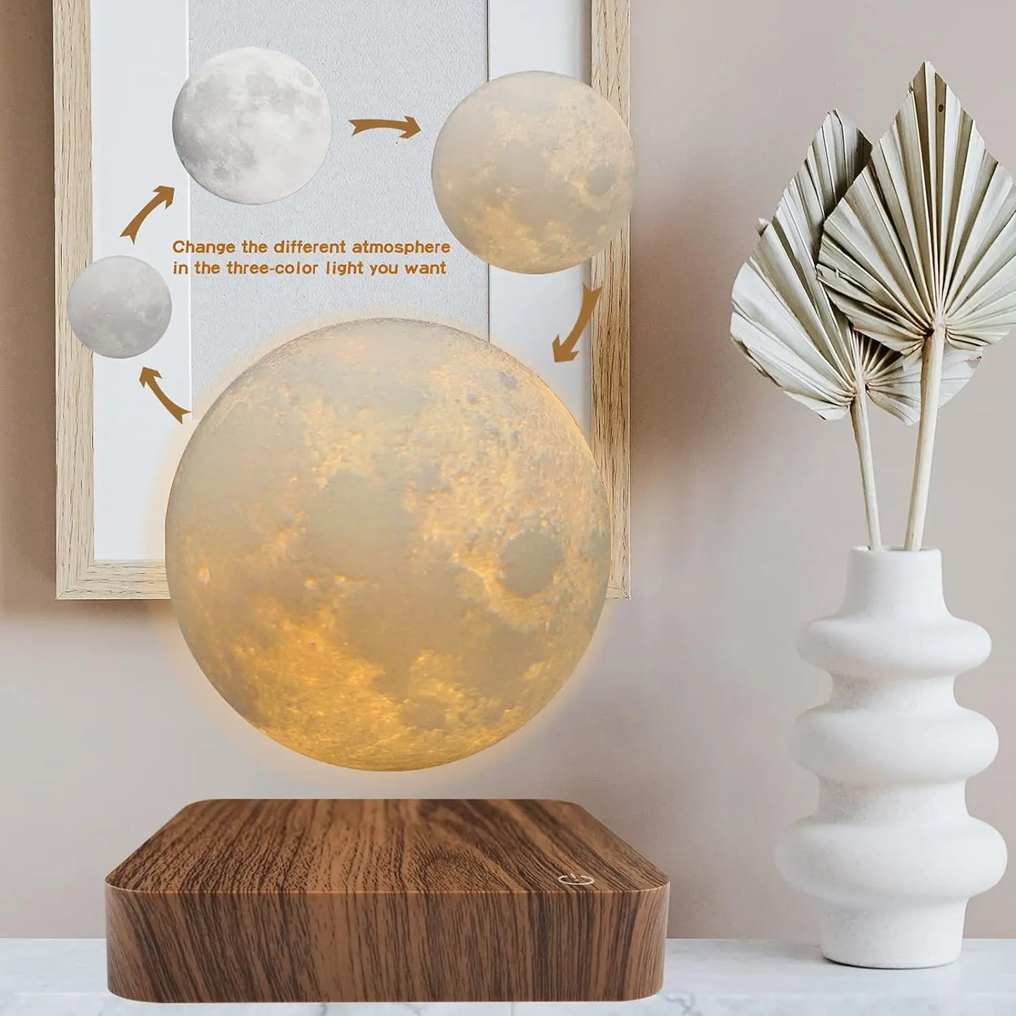 Magnetic Floating Rotating Moon Lamp with Wooden Base 3 Color Temperature LED Night Light Unique 3D Print Gift for Room