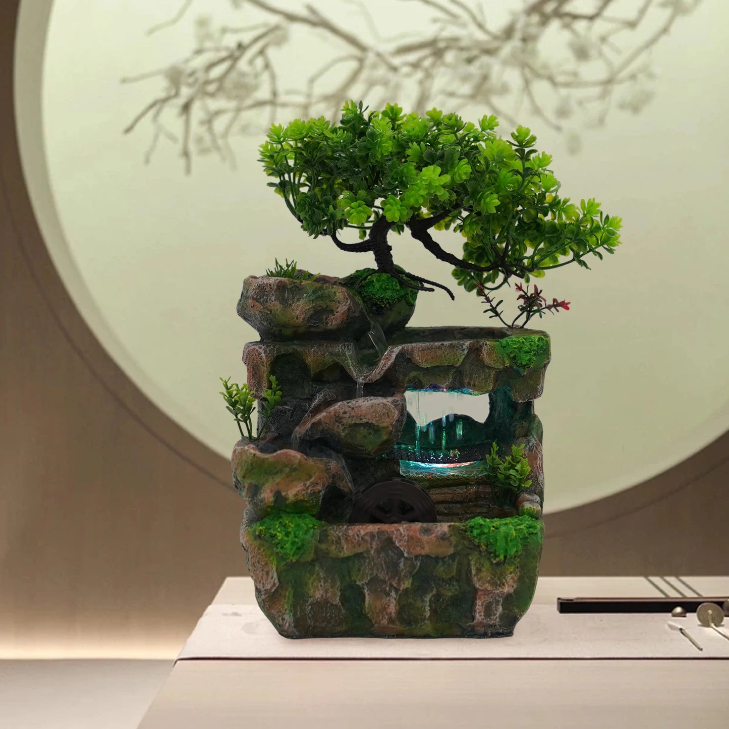 Resin Tabletop Fountain Ornament With LED For Home Office