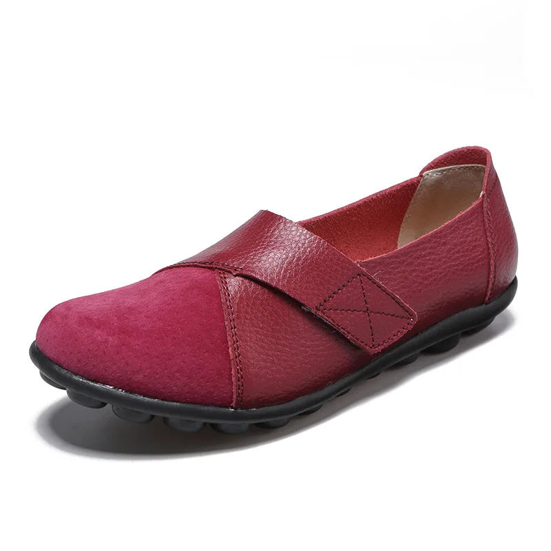 Woizgic Women's Genuine Leather Soft Flats Loafers Moccasin Boat Shoes with Hook and Loop Closure Big Size 42 43 44