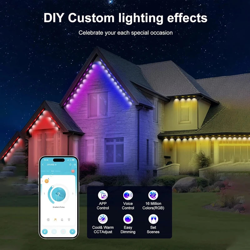 Permanent Outdoor Smart RGBIC Eaves LED Lights Festival Flashing Fairy String for Christmas Holiday Decorations