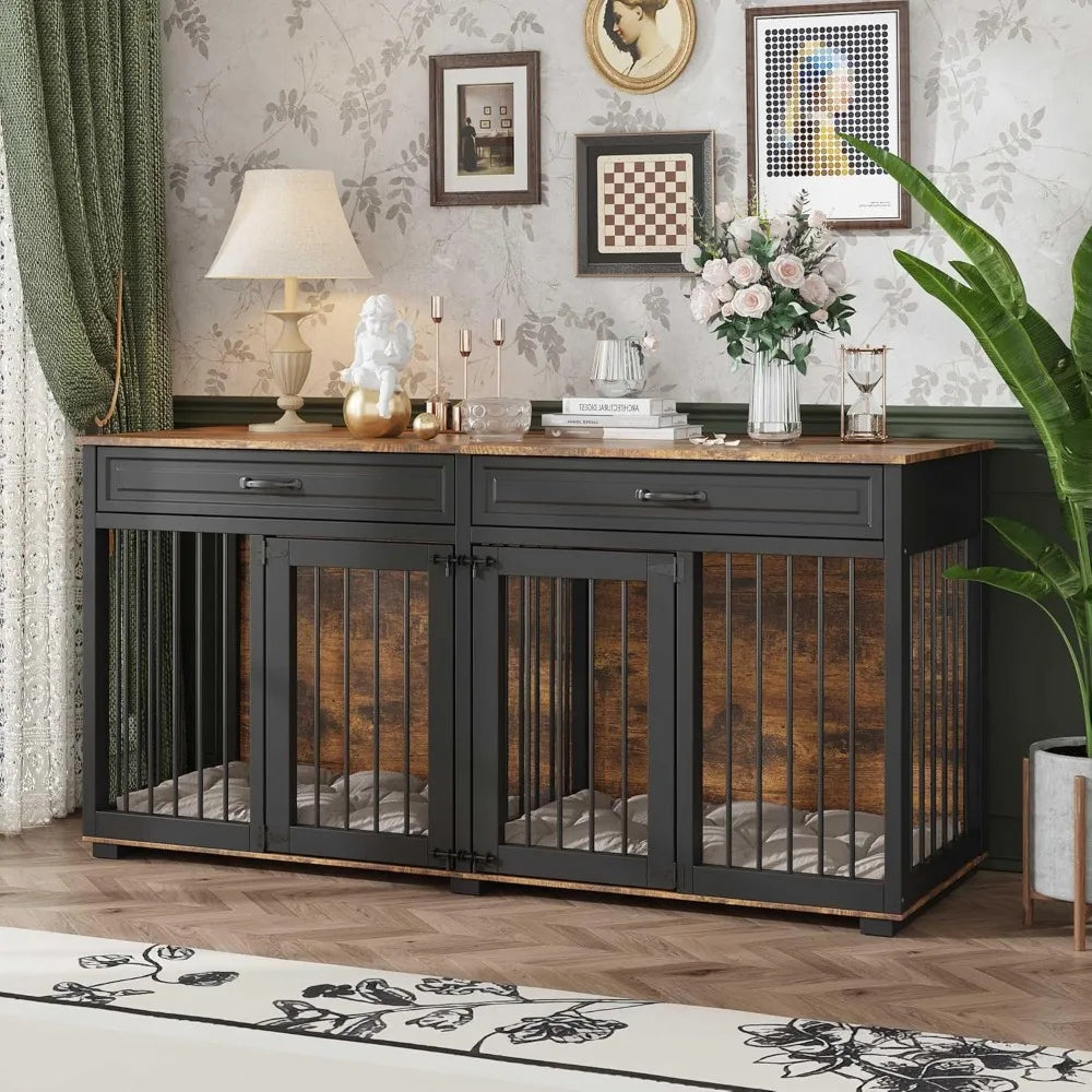 Furniture Style Dog Crate 64.6 Inch Wooden Large Dog Kennel with Drawers and Divider Indoor Dog House Furniture with Double Room