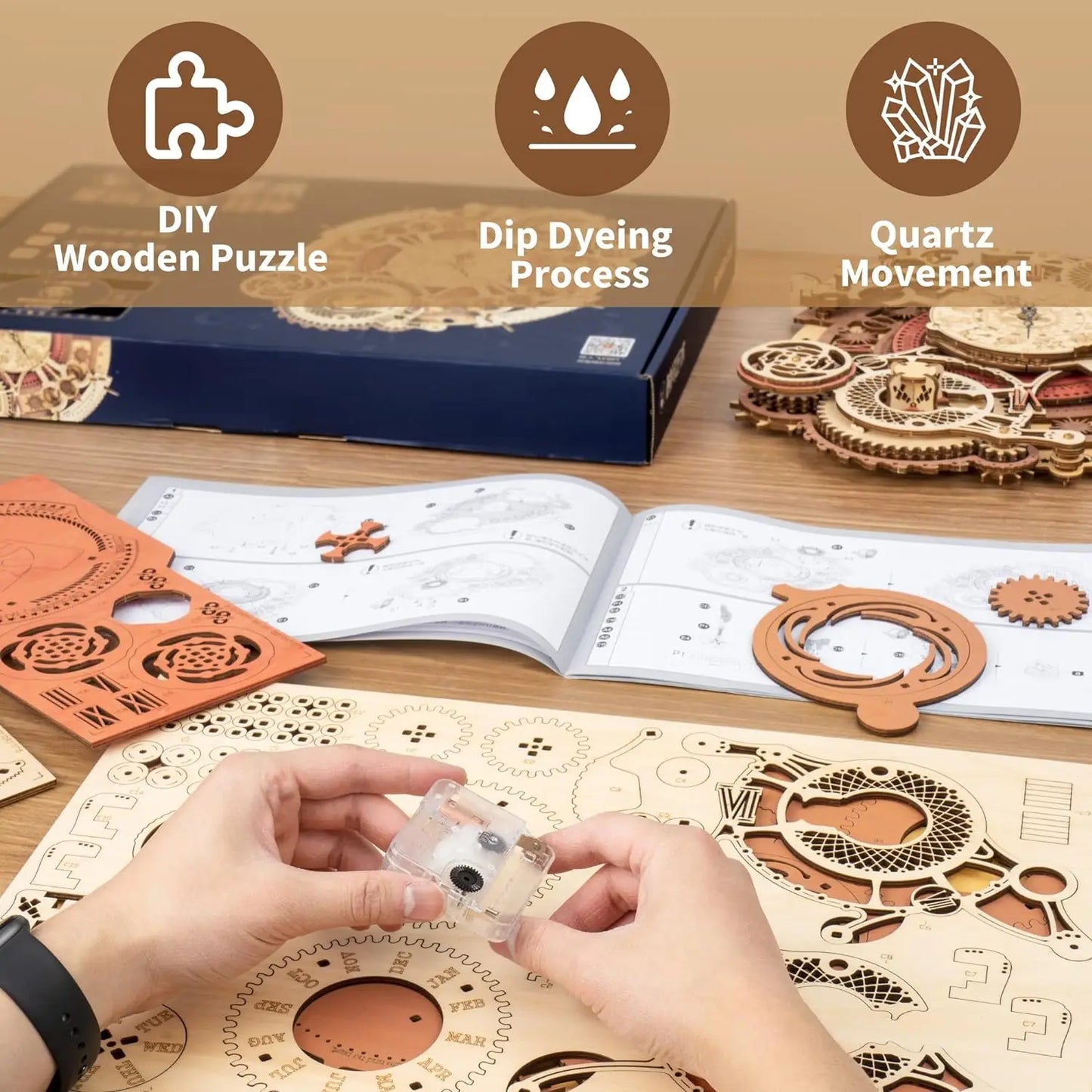 Robotime 3D Wooden Puzzles Steampunk Clock Kit DIY Mechanical Wall Quartz Clock for Adults