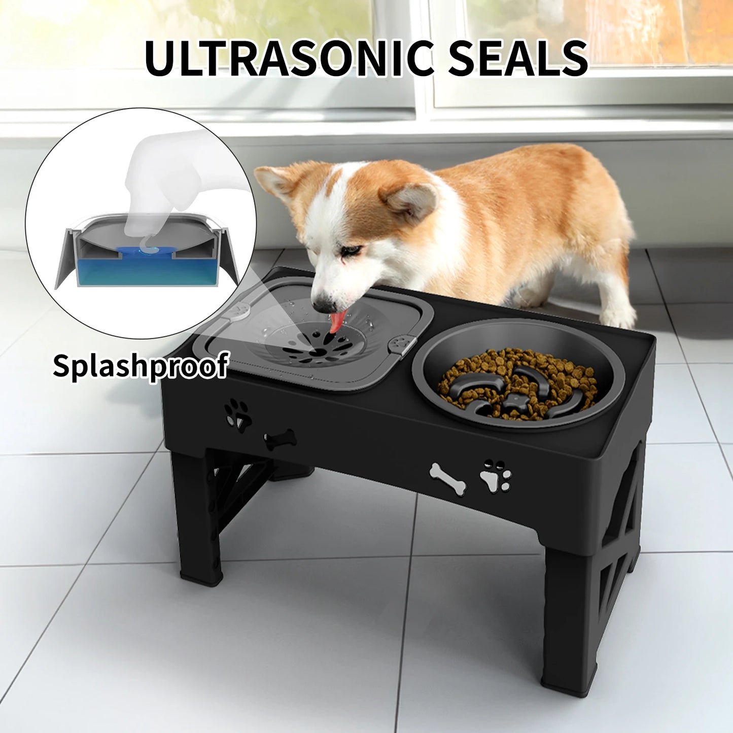 Three In One Adjustable Pet Feeder With Slow Feed Bowls