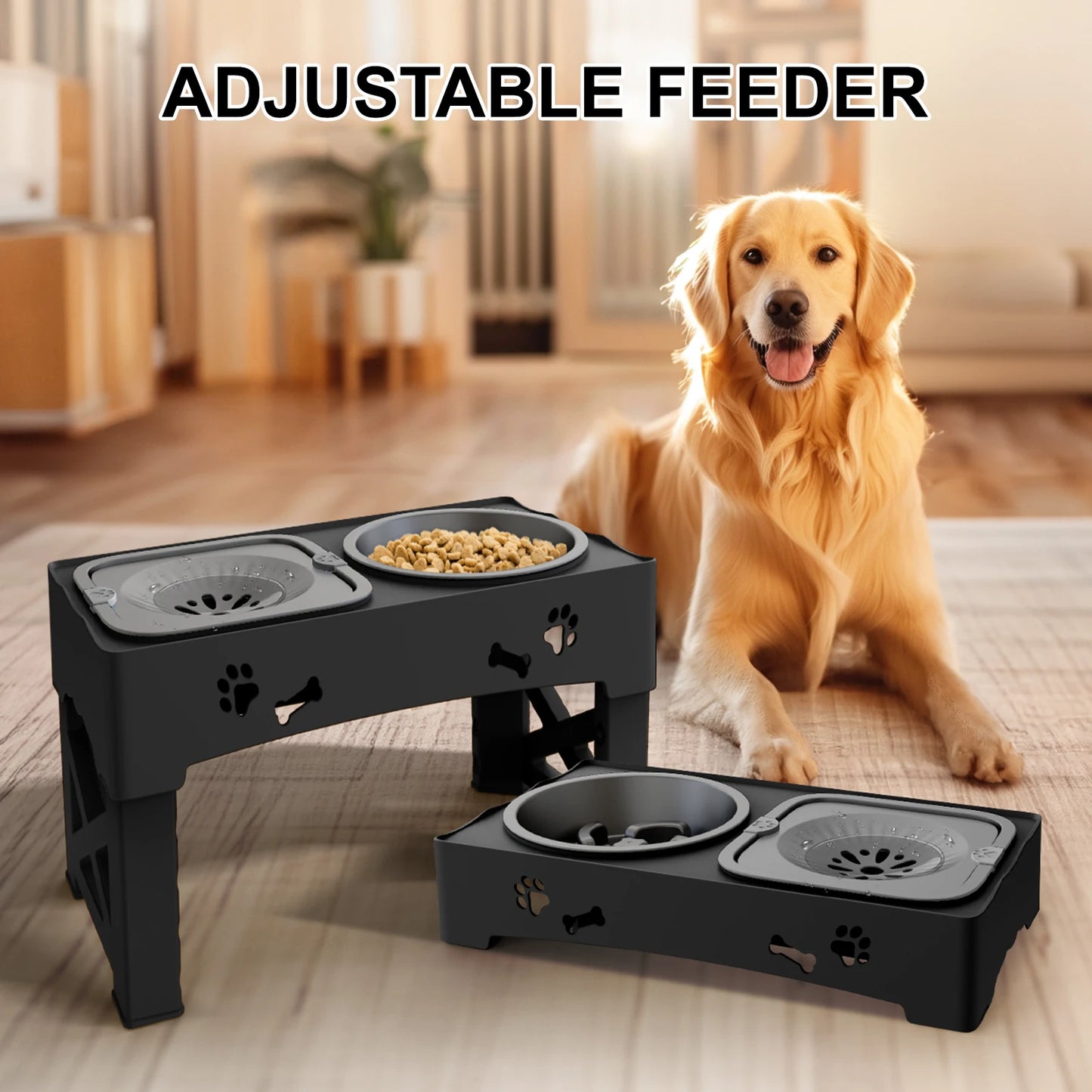 Three In One Adjustable Pet Feeder With Slow Feed Bowls