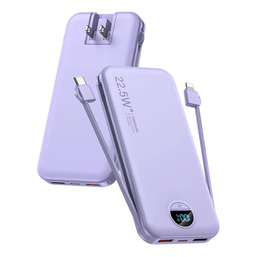 Ultra Thin 12000mAh USB C Power Bank Built In Cables