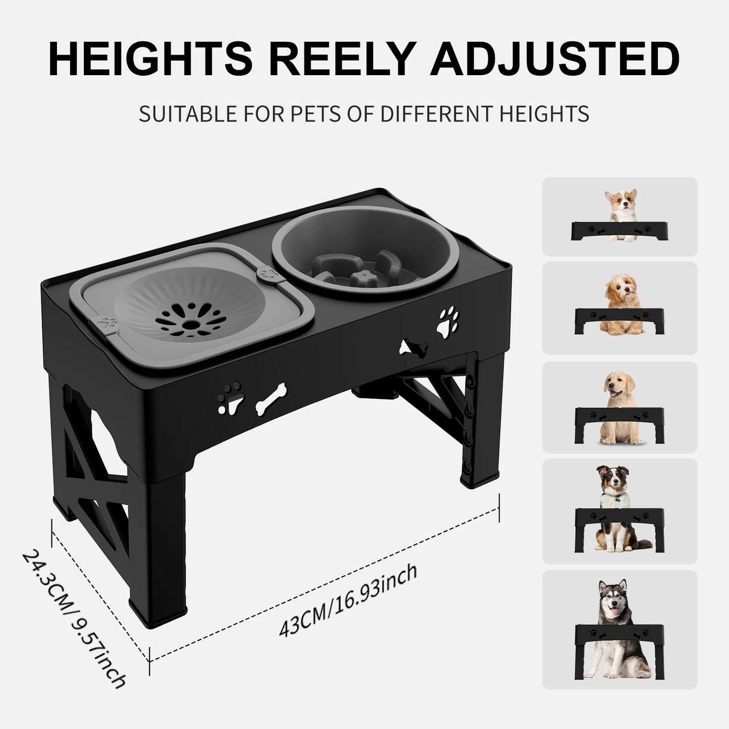 Three In One Adjustable Pet Feeder With Slow Feed Bowls