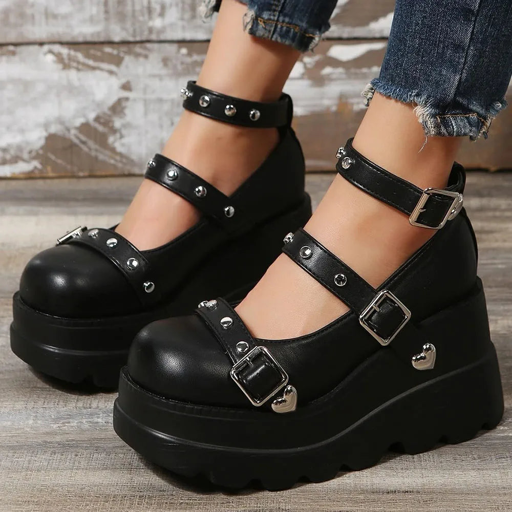 DoraTasia Retro INS Black Round Toe Heel Studded Punk Nightclub Ladies Mary Jane Y2 Lace Buckle Lolita Women's Shoes