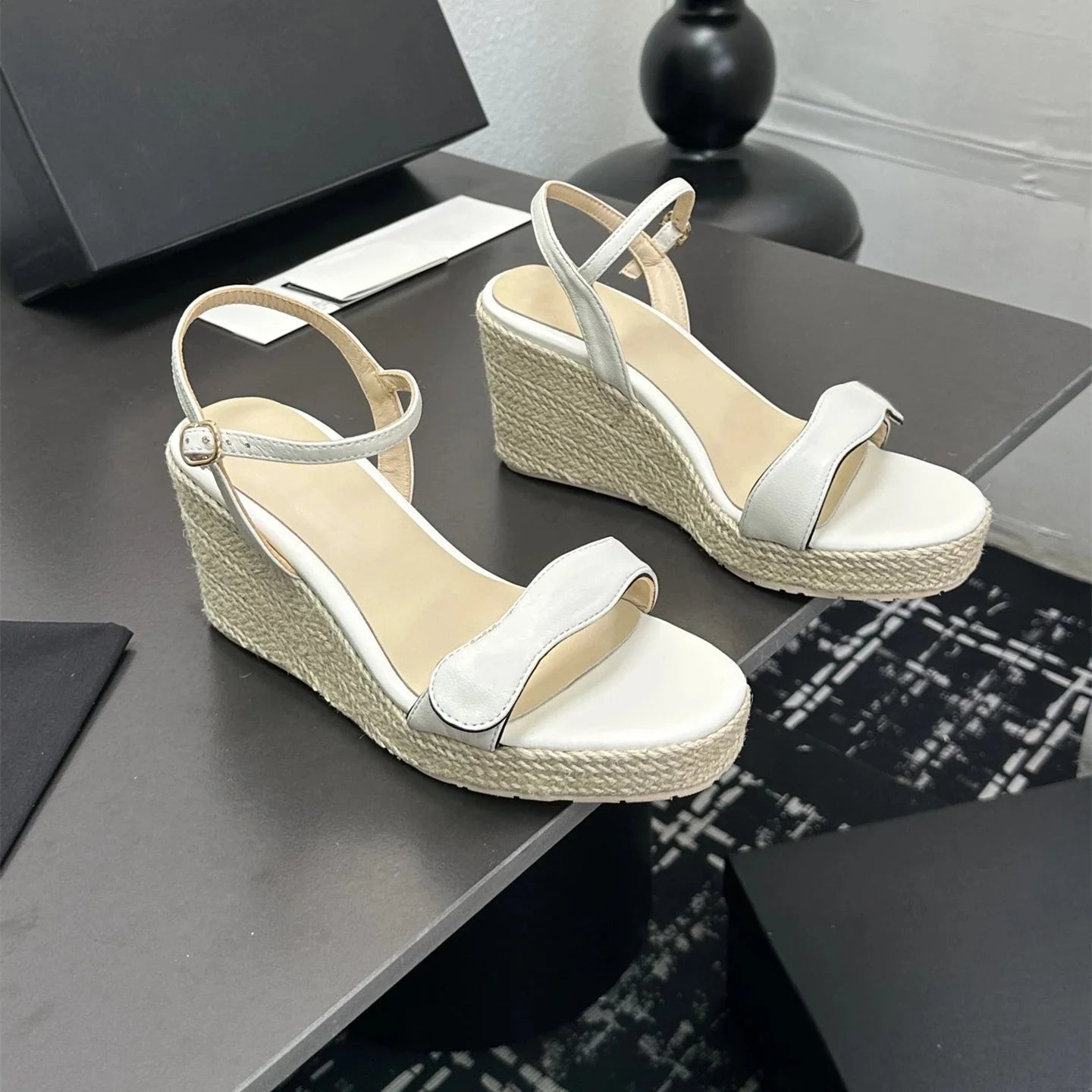 Women Genuine Leather High Heel Wedge Sandals Flat Platform Espadrilles Designer Shoes