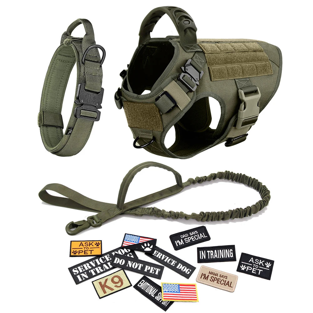 Dog Harness Leash Collar Patches Set for Medium Large Dogs Adjustable Tactical Pet Vest for Training and Walking